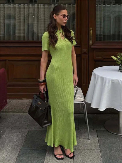 Robe Longue Tricotée Côtelée à Lacets Coupe Droite
