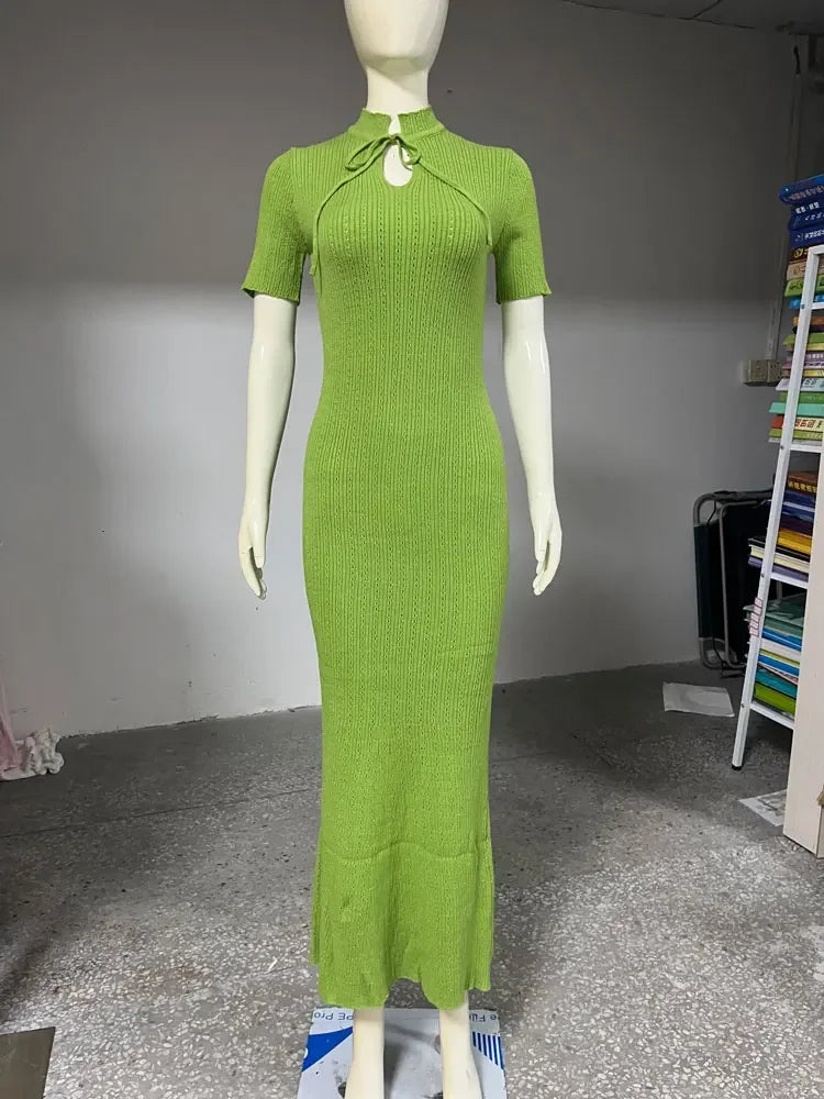 Robe Longue Tricotée Côtelée à Lacets Coupe Droite