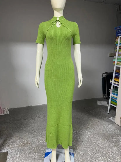 Robe Longue Tricotée Côtelée à Lacets Coupe Droite