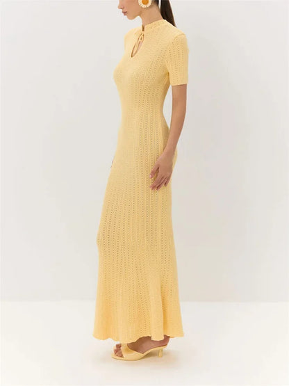 Robe Longue Tricotée Côtelée à Lacets Coupe Droite