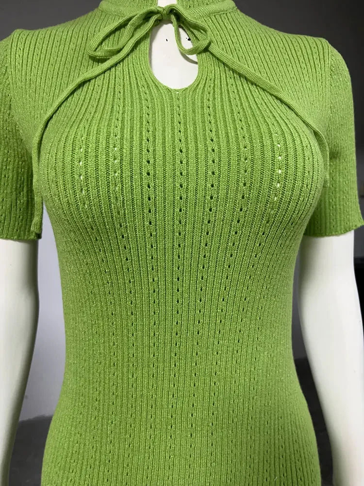 Robe Longue Tricotée Côtelée à Lacets Coupe Droite