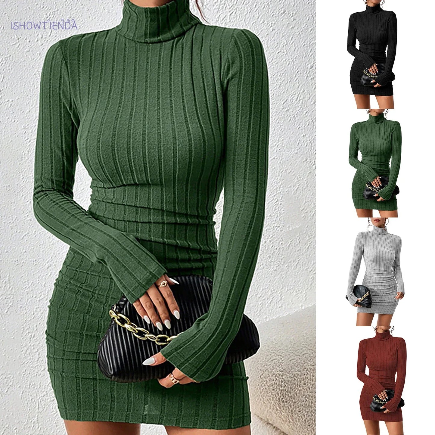 Robe Pull Col Roulé Maille Slim Manches Longues Mini