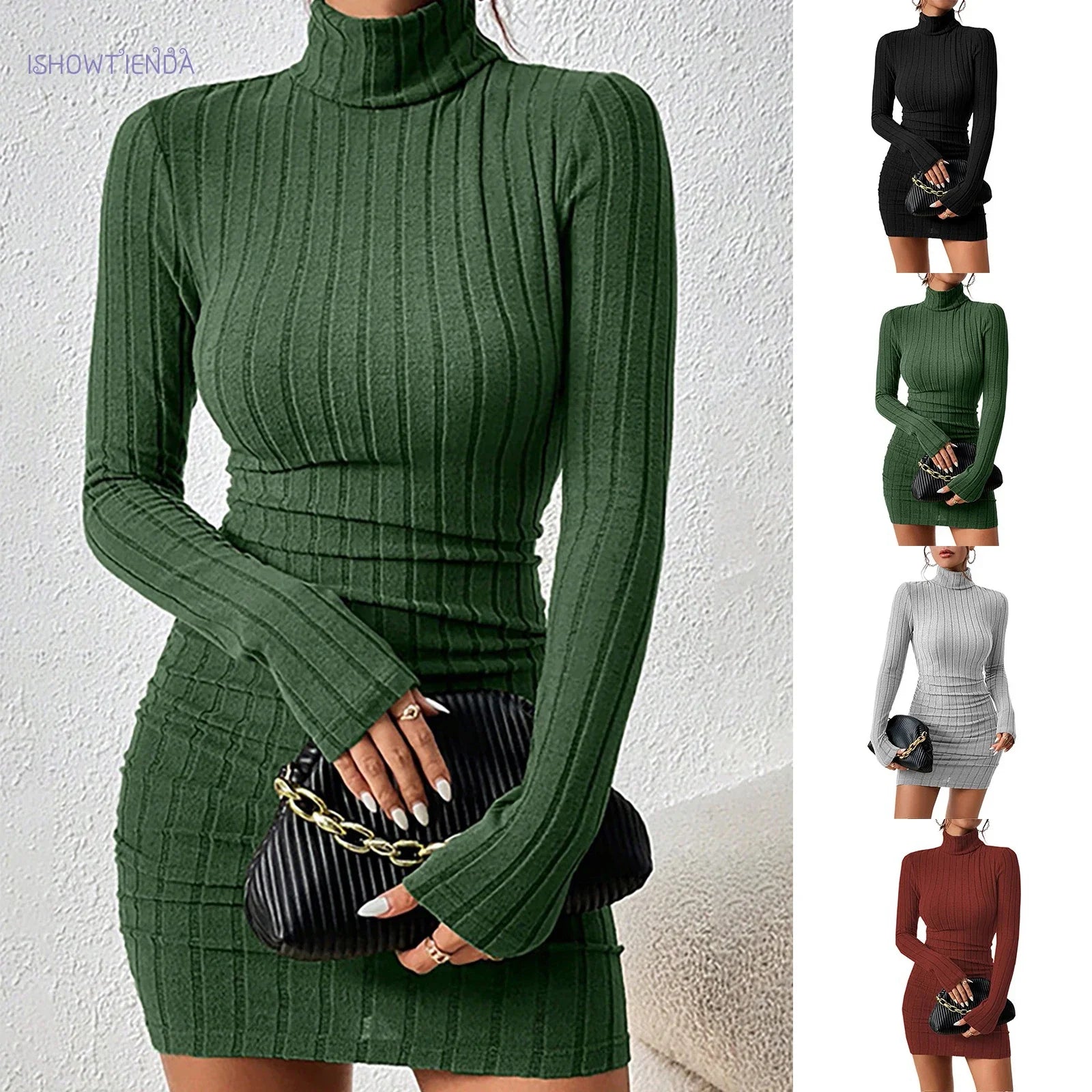 Robe Pull Col Roulé Maille Slim Manches Longues Mini
