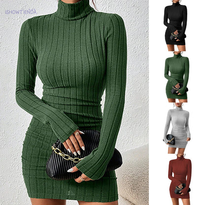 Robe Pull Col Roulé Maille Slim Manches Longues Mini