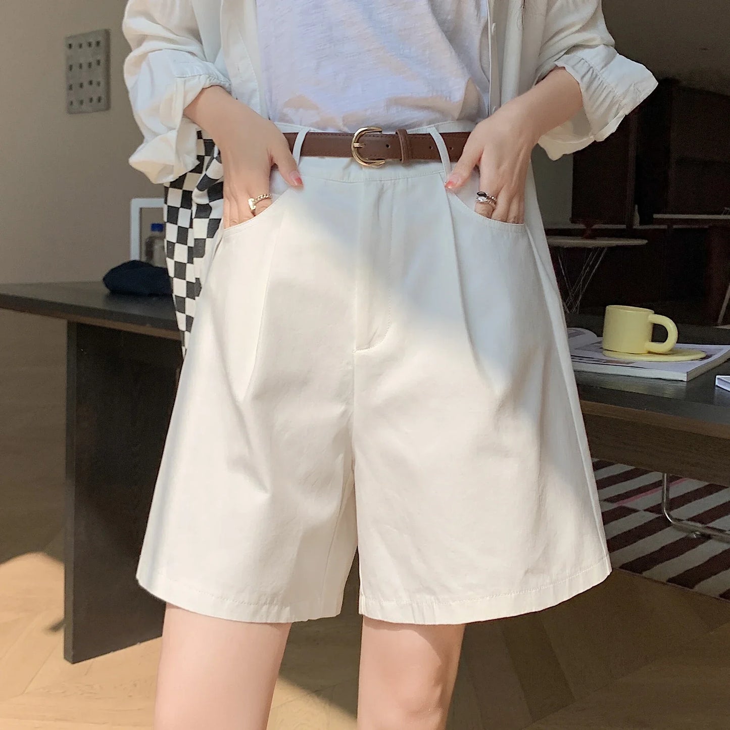 Short Cargo Taille Haute Coton-Lin Décontracté Femme