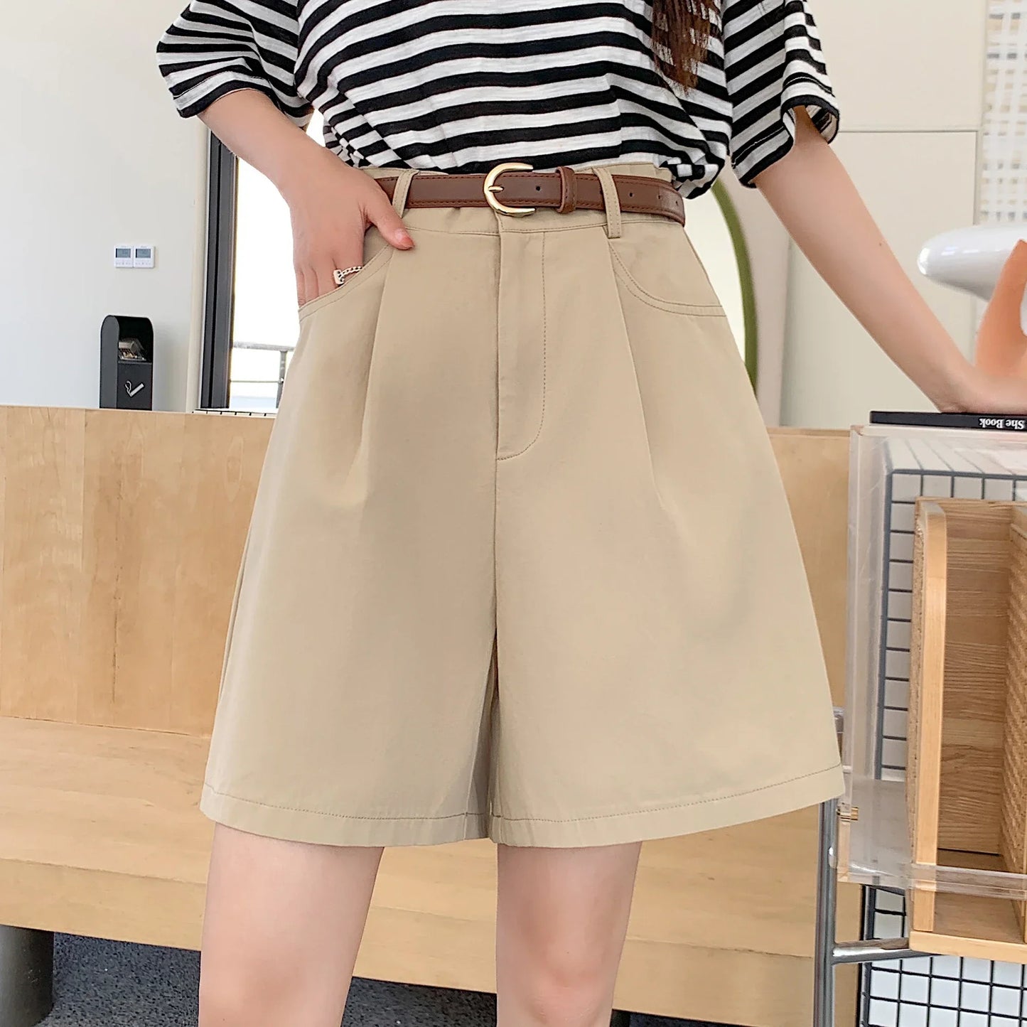 Short Cargo Taille Haute Coton-Lin Décontracté Femme