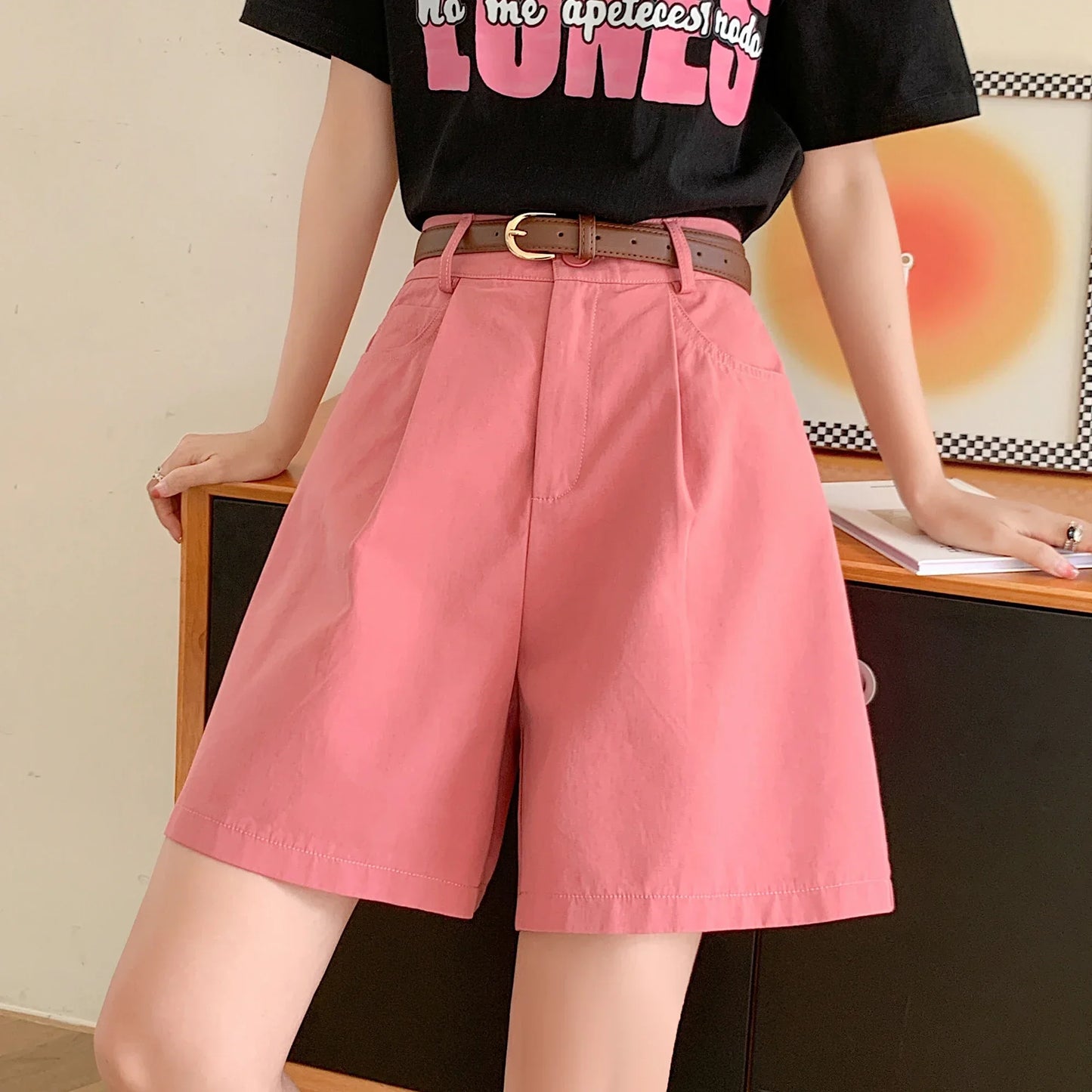 Short Cargo Taille Haute Coton-Lin Décontracté Femme