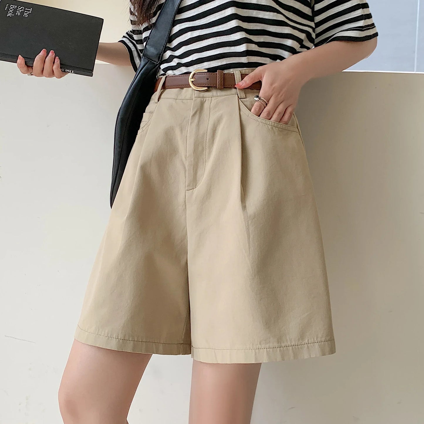 Short Cargo Taille Haute Coton-Lin Décontracté Femme