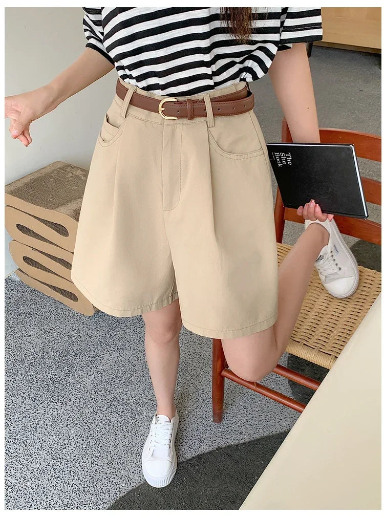 Short Cargo Taille Haute Coton-Lin Décontracté Femme