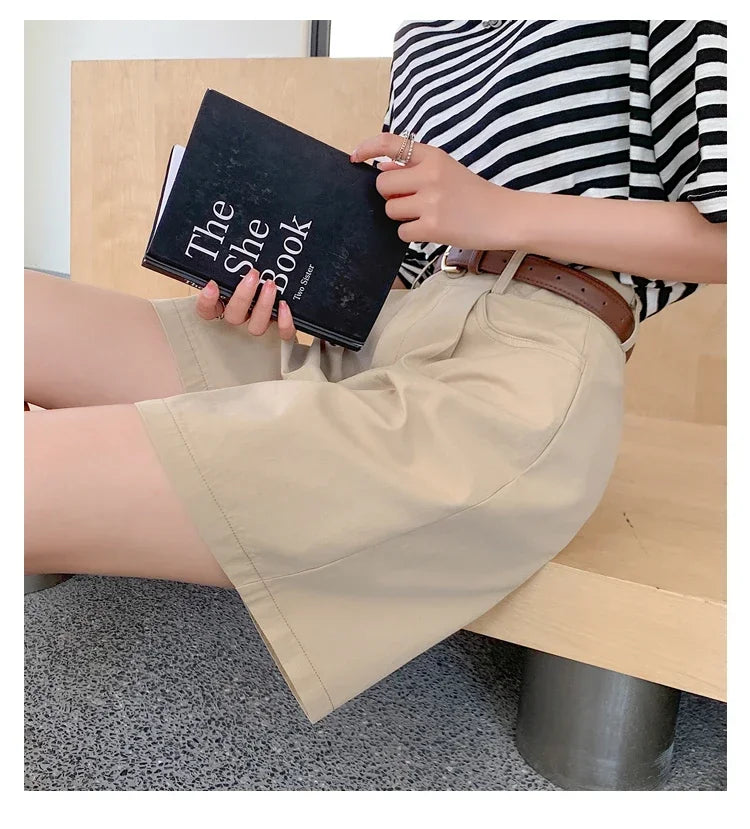 Short Cargo Taille Haute Coton-Lin Décontracté Femme