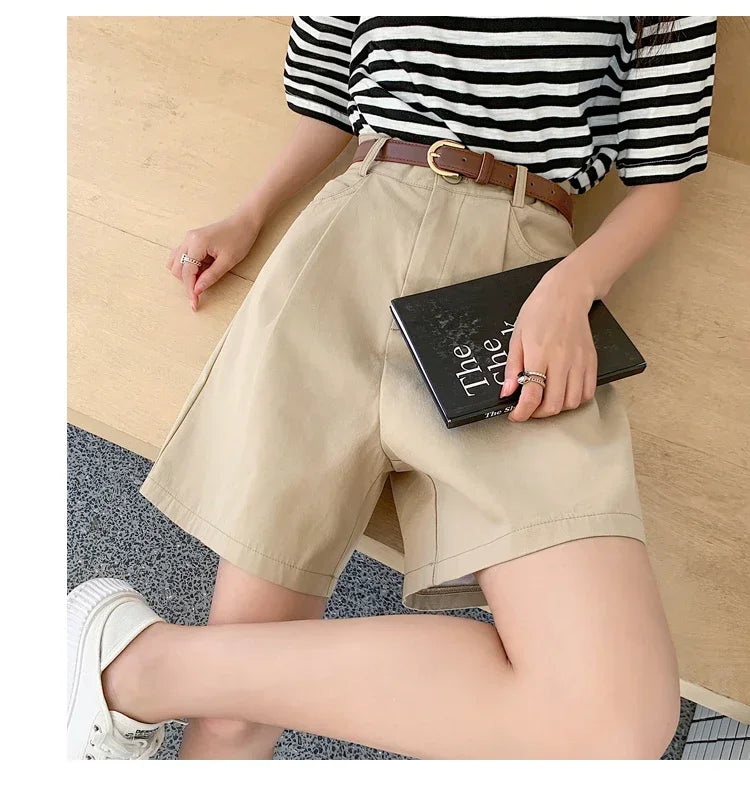 Short Cargo Taille Haute Coton-Lin Décontracté Femme