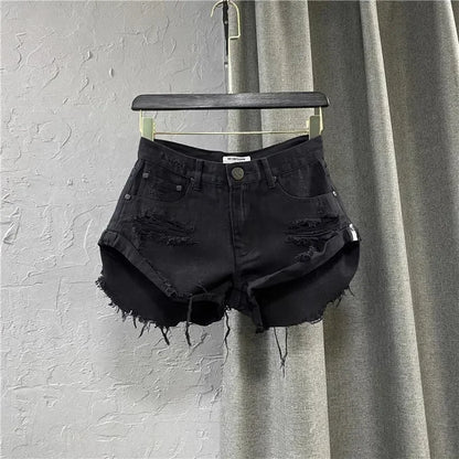 Short en Jean Taille Haute Style Coréen Effiloché