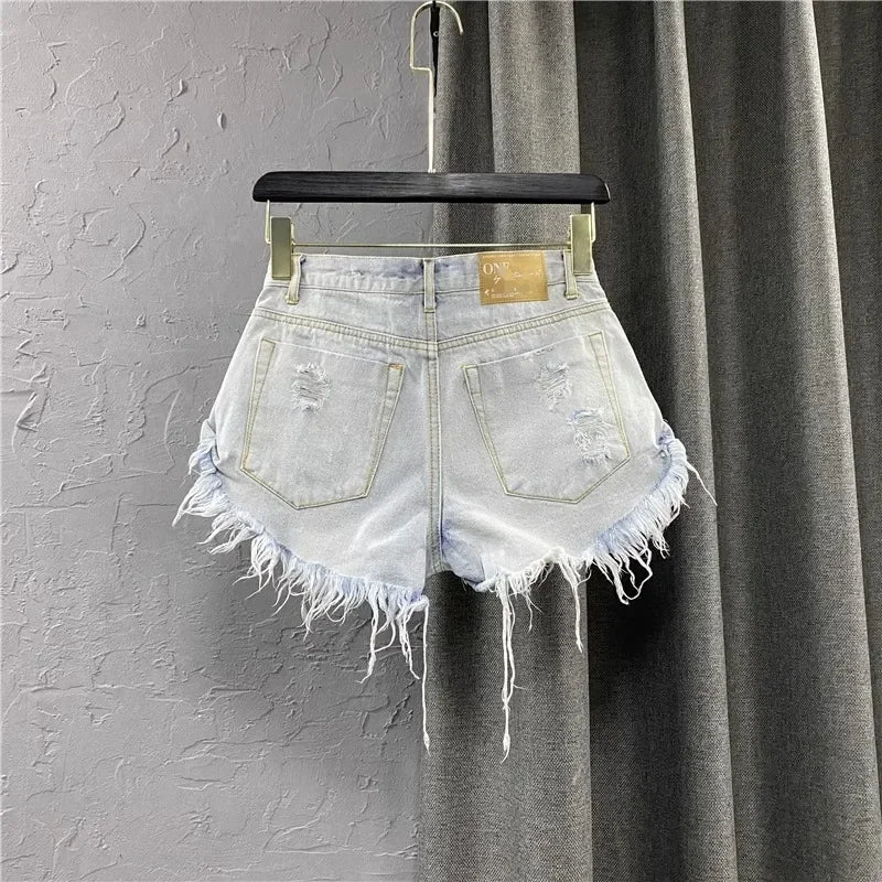 Short en Jean Taille Haute Style Coréen Effiloché
