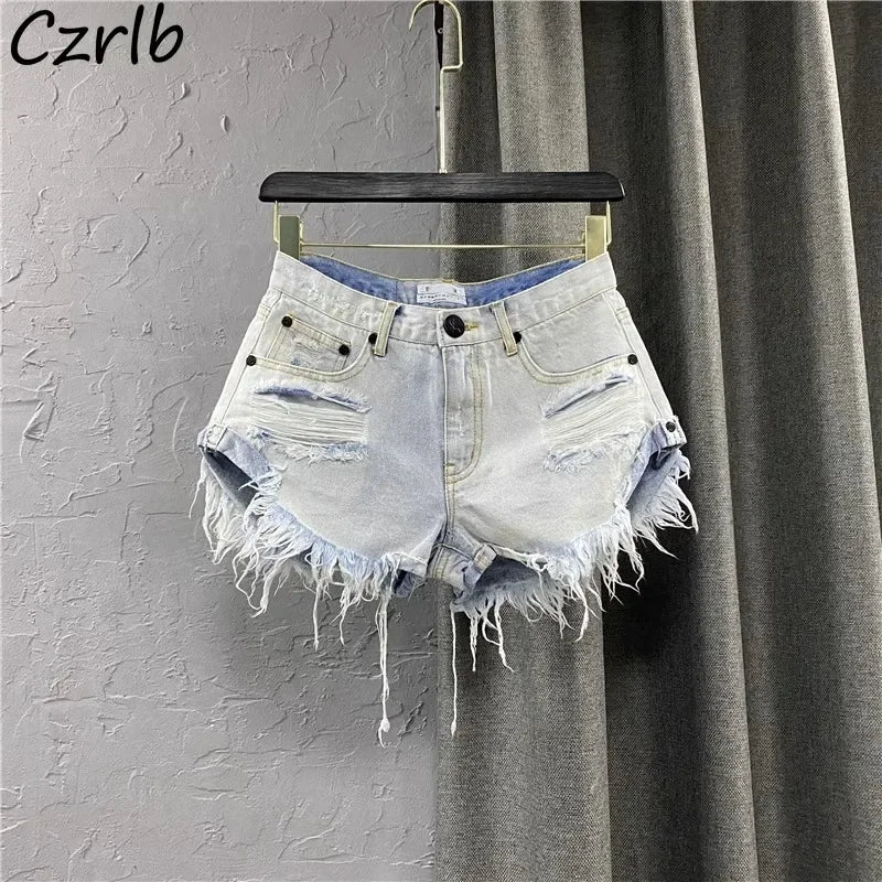 Short en Jean Taille Haute Style Coréen Effiloché
