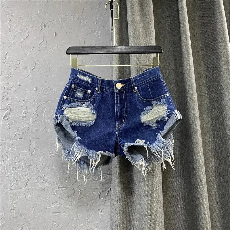 Short en Jean Taille Haute Style Coréen Effiloché