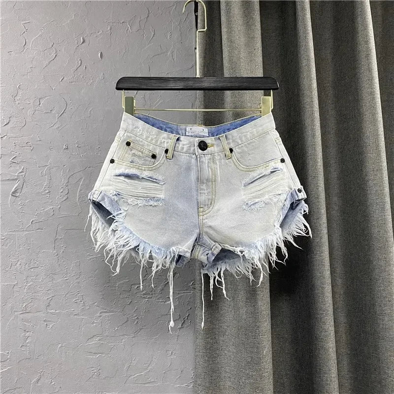Short en Jean Taille Haute Style Coréen Effiloché