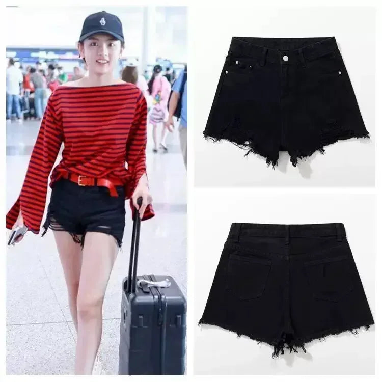 Shorts en denim Taille Haute Effet Déchiré Irrégulier