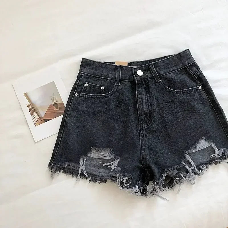 Shorts en denim Taille Haute Effet Déchiré Irrégulier