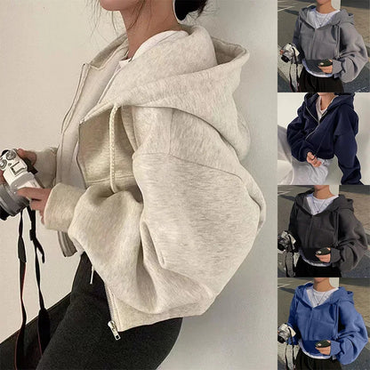 Sweat à Capuche Court Doublé Polaire Zippé Décontracté
