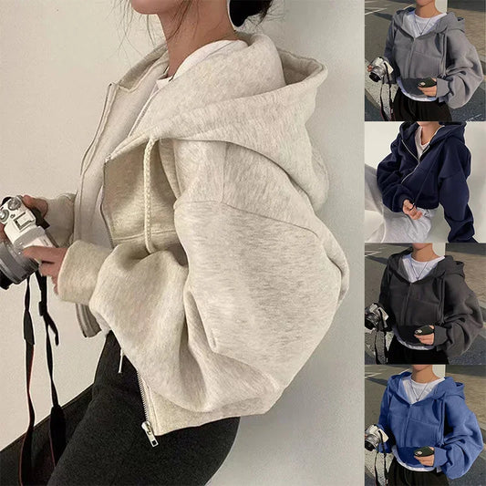 Sweat à Capuche Court Doublé Polaire Zippé Décontracté