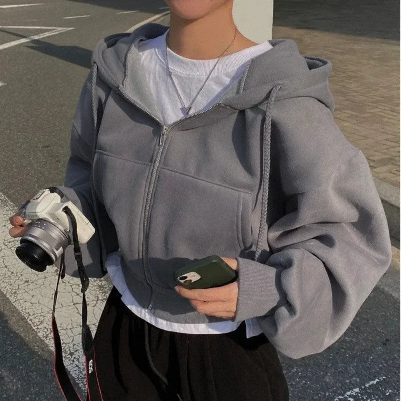 Sweat à Capuche Zippé Court Style Streetwear Femme