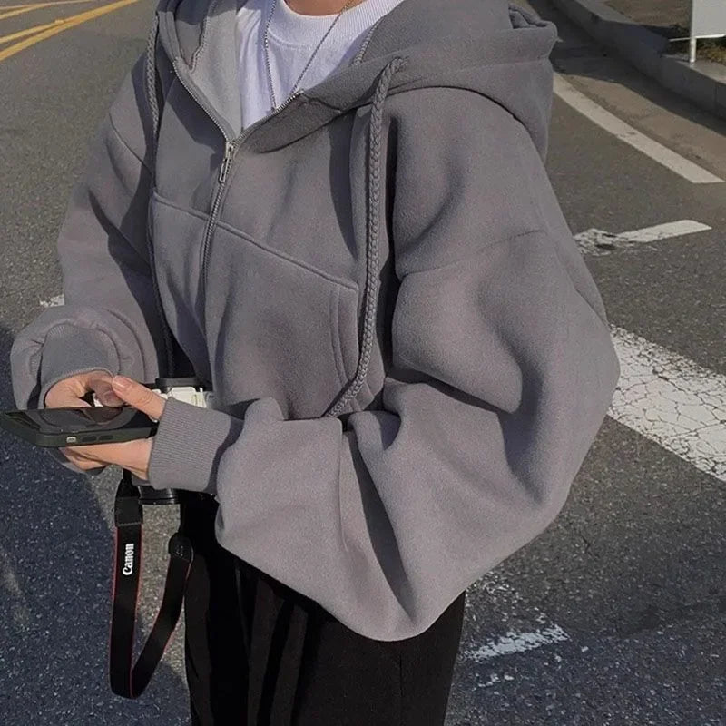 Sweat à Capuche Zippé Court Style Streetwear Femme