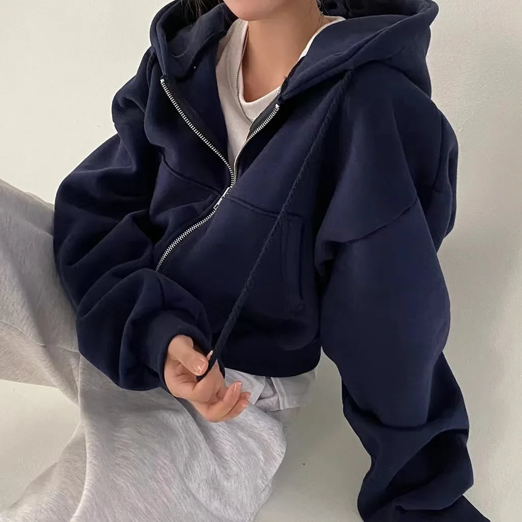 Sweat à Capuche Zippé Court Style Streetwear Femme
