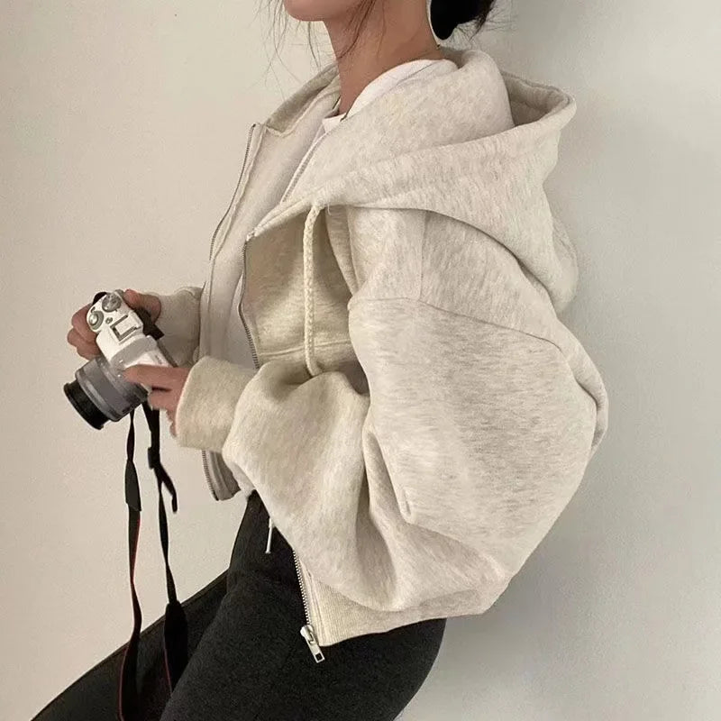 Sweat à Capuche Zippé Court Style Streetwear Femme