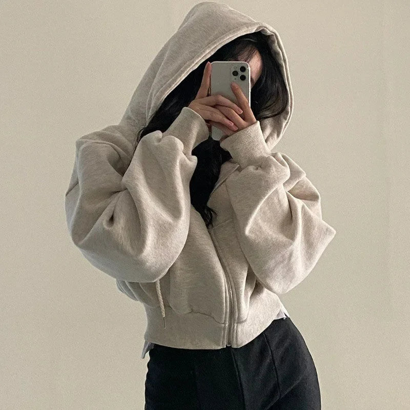 Sweat à Capuche Zippé Court Style Streetwear Femme