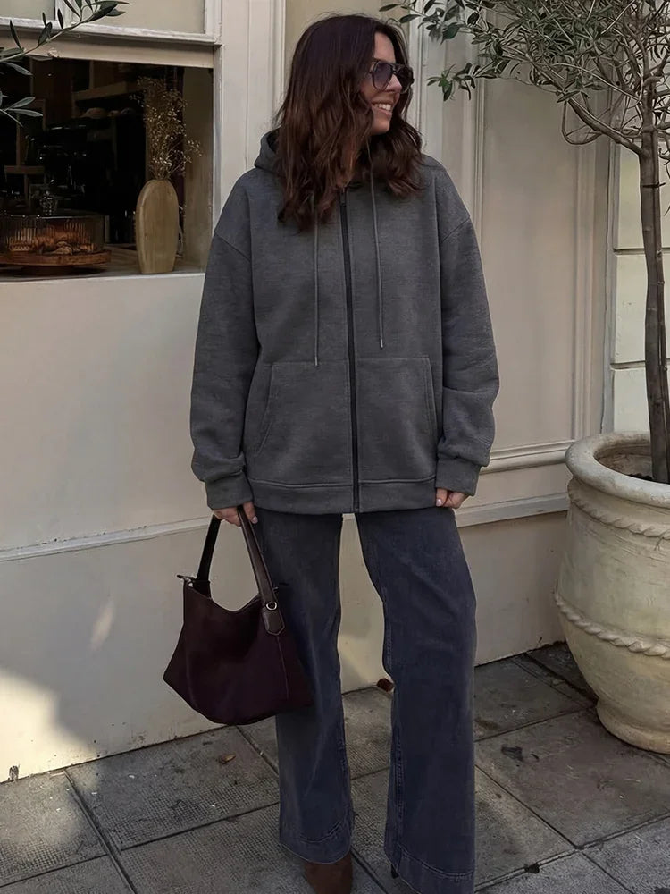 Veste à Capuche Zippée Femme Coupe Ample Polyester Streetwear